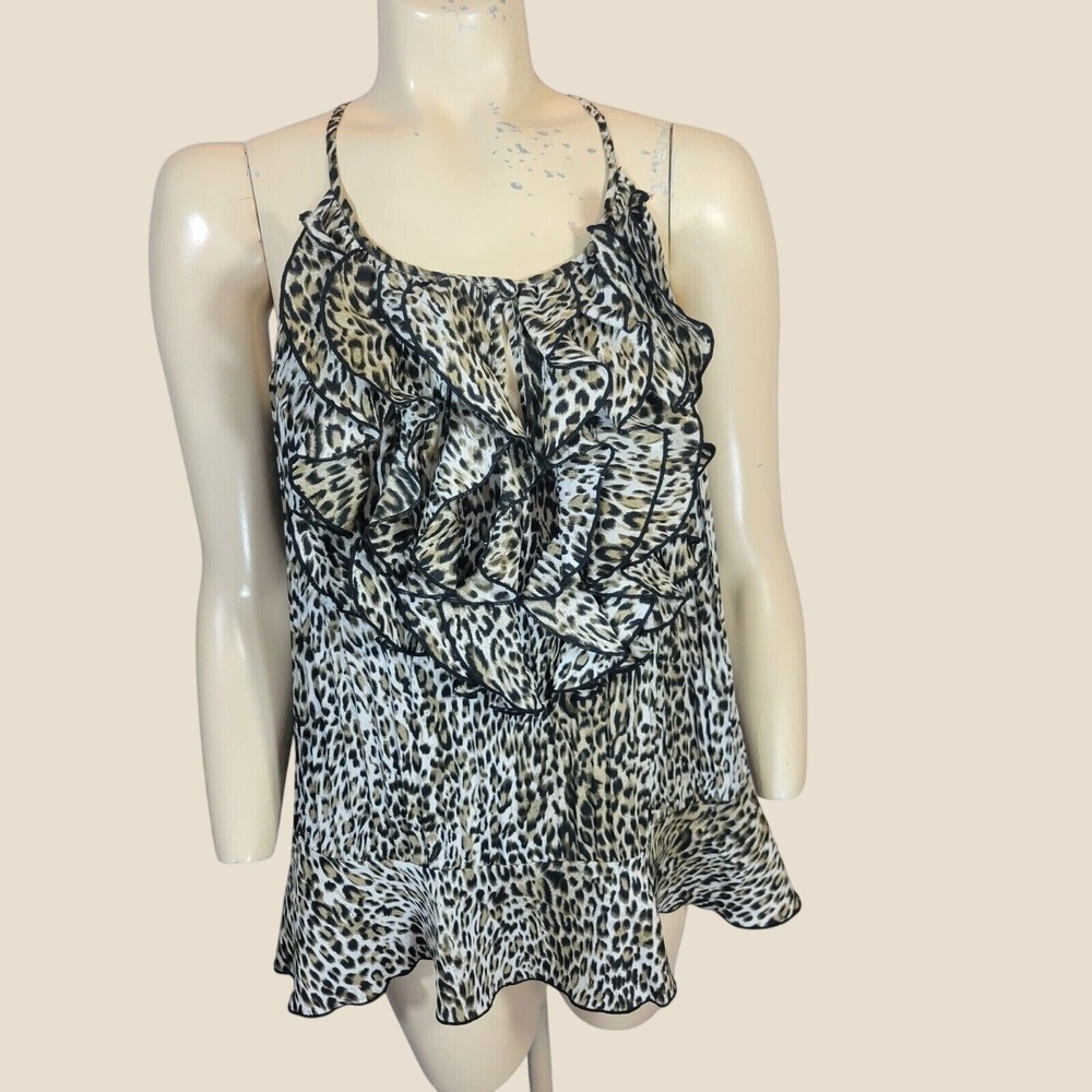 Milano Tank Top Leopard Animal Print Ruffle Front Y2K Mob Wife Aesthetic Brown M